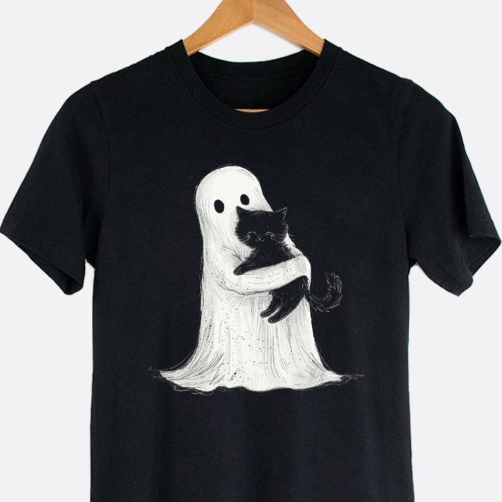 Super Cute! Ghost Hugging Black Cat Halloween Printed Graphic Tee!